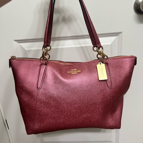 Coach Fuchsia Metallic Ava Leather Tote - Picture 2 of 9